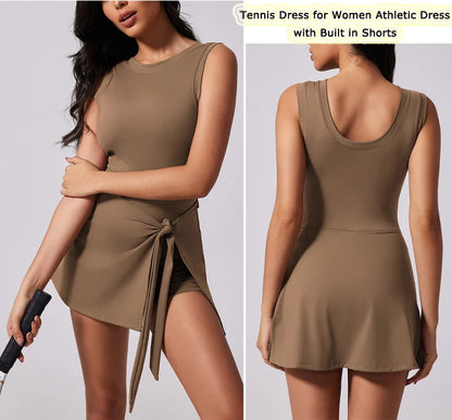 VITALINOVO Tennis Dress for Women with Built in Shorts Womens Athletic Dresses Sleeveless Boat Neck Active Workout Skort Dress