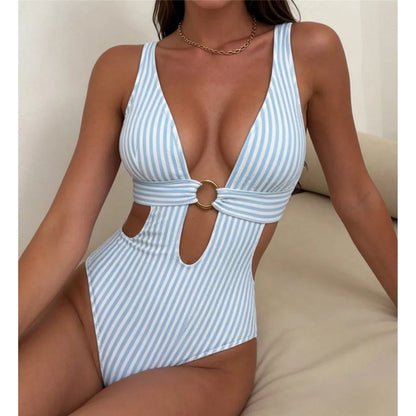 New Striped Deep V Neck Cut Out One Piece Swimsuit Women Swimwear Female Backless Monokini Padded Bather Bathing Suit Swim V8052