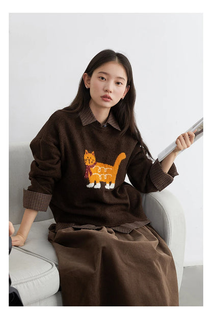 CHIC VEN New Women Sweaters Loose Casual O Neck Cartoon Cat Female Knitted Jumpers Pullovers for Girl Autumn Winter 2025