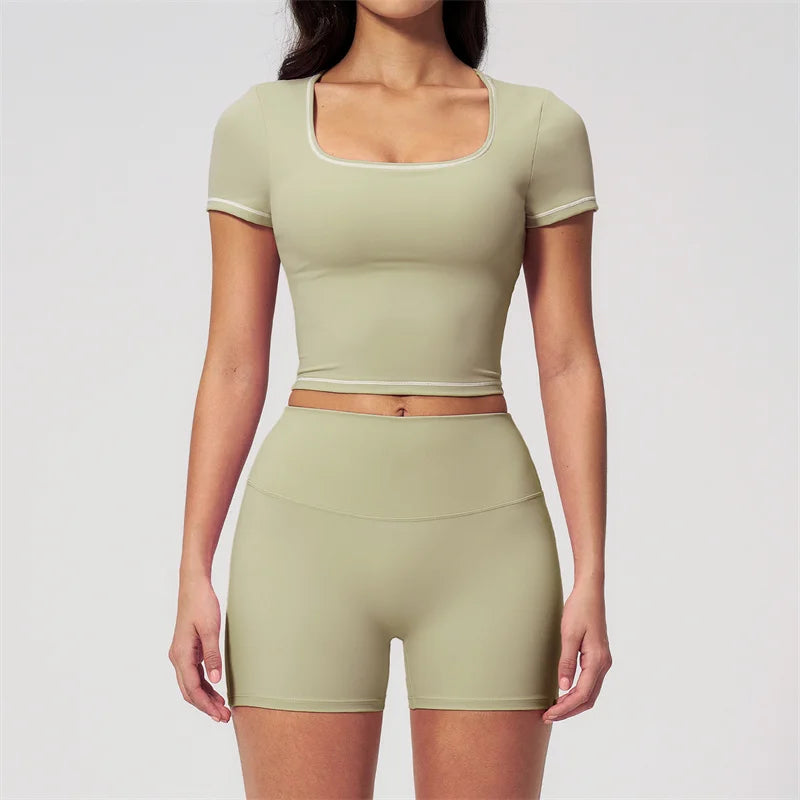 TRY TO BN 2 Pieces Women's Tracksuit Yoga Short Sleeves Top Sets High Waist Shorts Contrasting Color Running Fitness Gym Clothes