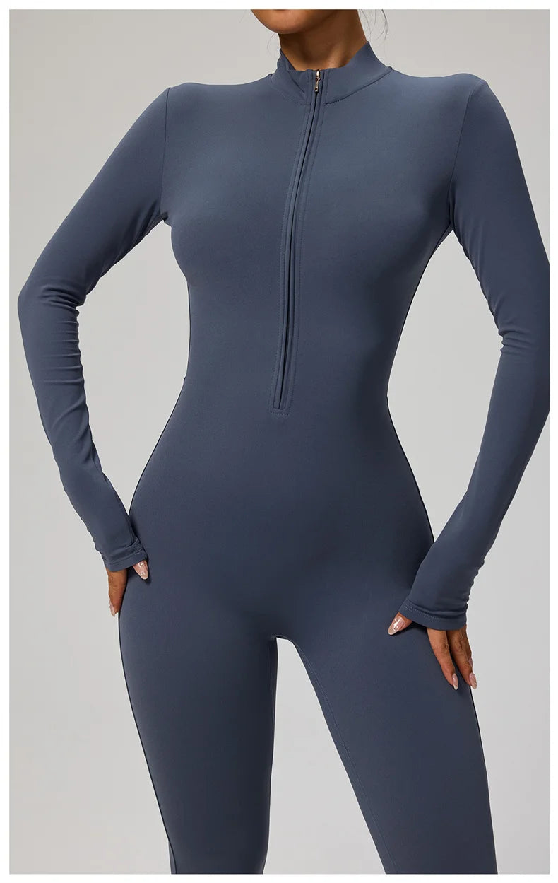 TRY TO BN Women's Jumpsuit Long Sleeve Zipper Shapewear Bodysuit Yoga Fitness One Piece Tights Gym Clothing Mono Deportivo Mujer