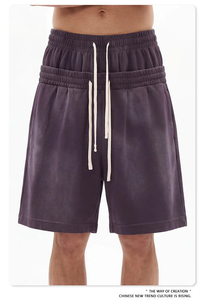 Custom LOGO men's 320G heavy 100% washed and old double waist high waist medium pants loose casual sports five-point shorts