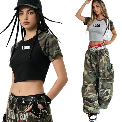 Custom LOGO Women's American Street Spice Girl Camouflage Ragged Short Sleeve T-Shirt 210G Cotton Slim-fit Contrast Top
