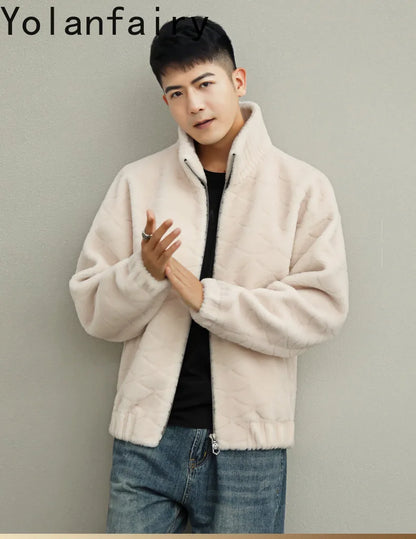 YOLANFAIRY Winter 100% Sheep Shearing Jacket Man Clothing Fashion Stand Collar Granular Lamb Fur Coat Men's Jackets chaqueta