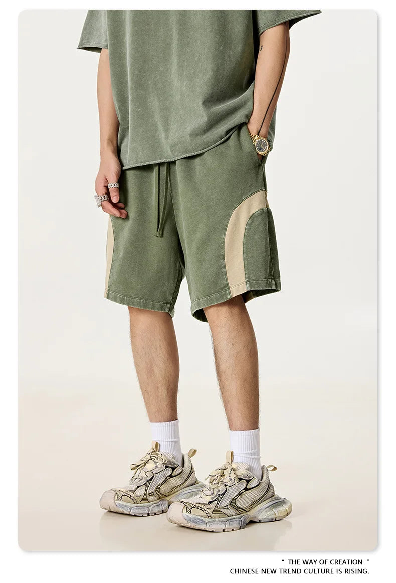 Customized LOGO men's summer European and American hip-hop style splicing contrasting shorts loose straight five-point pants