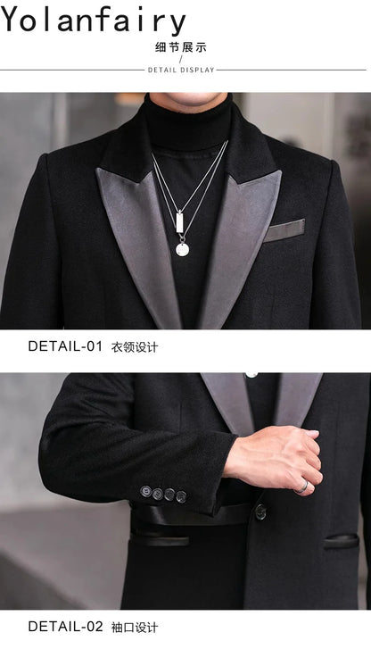 YOLANFAIRY 2025 Autumn Genuine Sheepskin Patchwork Wool Coat Man Clothing Men's Mid-length Suit Windbreaker Trendy Woolen Jacket