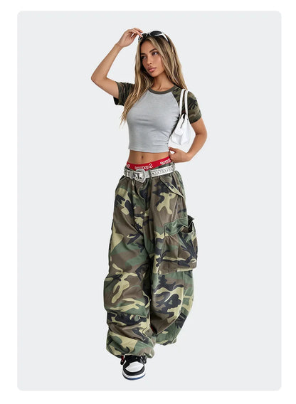 Custom LOGO Women's American Street Spice Girl Camouflage Ragged Short Sleeve T-Shirt 210G Cotton Slim-fit Contrast Top