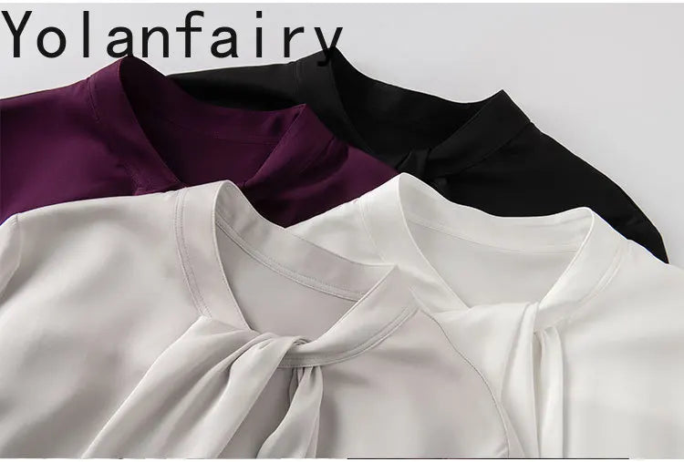 YOLANFAIRY 93% Real Mulberry Silk Shirts for Women Spring 2026 Elegant Solid Long Sleeve Shirt Woman Top Ribbon OL Blouses Trend