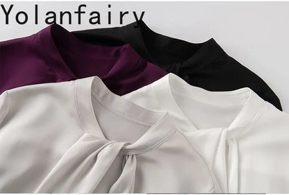 YOLANFAIRY 93% Real Mulberry Silk Shirts for Women Spring 2026 Elegant Solid Long Sleeve Shirt Woman Top Ribbon OL Blouses Trend
