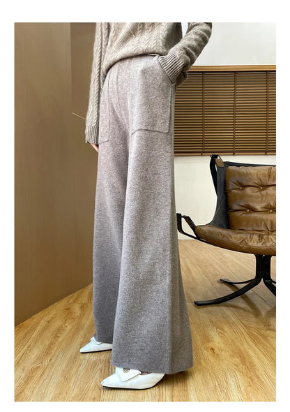 DjzDsm Women's Autumn Spring Knitted Floor-Length Wide Leg Pants 100% Merino Wool Long Trousers