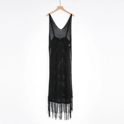 New Sexy S - XL Fringe Tassel Knitted Crochet Tunic Beach Cover Up Cover-ups Beach Dress Beach Wear Beachwear Female Women V3791