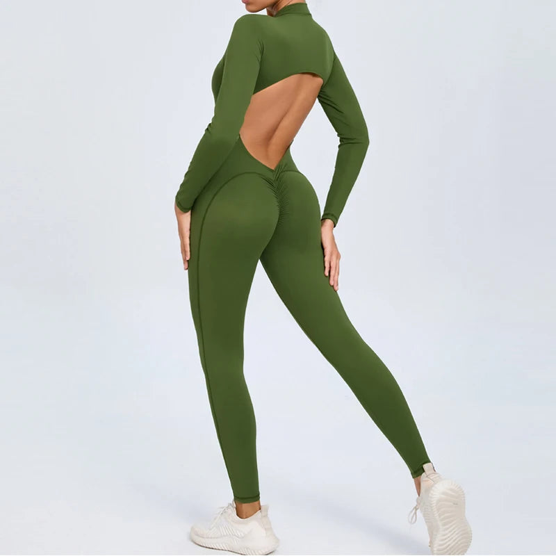 Hearuisavy Summer V Back Sports Jumpsuit Yoga Clothes Rompers Women Long Sleeveles Workout Bodysuits Backless One-piece Suit