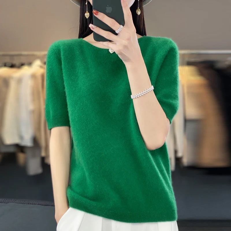 100% Merino wool women's O neck knitted T-shirt Korean pullover short sleeve sweater women's basic solid color half sleeve women