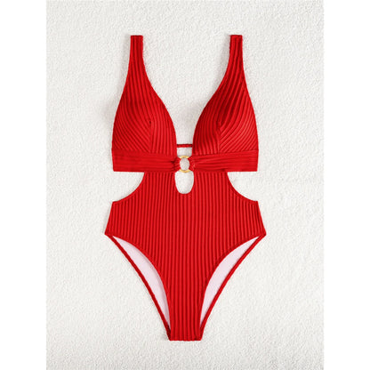 Sexy 8 Colors Deep V Neck Cut Out One Piece Swimsuit Women Swimwear Female High Leg Cut Monokini Bather Bathing Suit Swim V7177