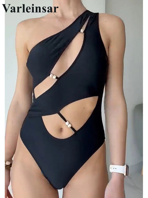 Asymmetric Cut Out One Shoulder Women Swimwear One Piece Swimsuit Female High Leg Cut Monokini Bather Bathing Suit Swim V7949