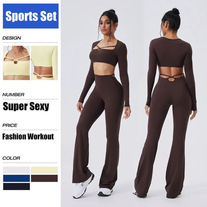 Cloud Hide Brown Yoga Suit Gym Woman Fitness Set Long Sleeve Sports Tracksuit Top Pants Workout Pilates Outfits Running Clothes