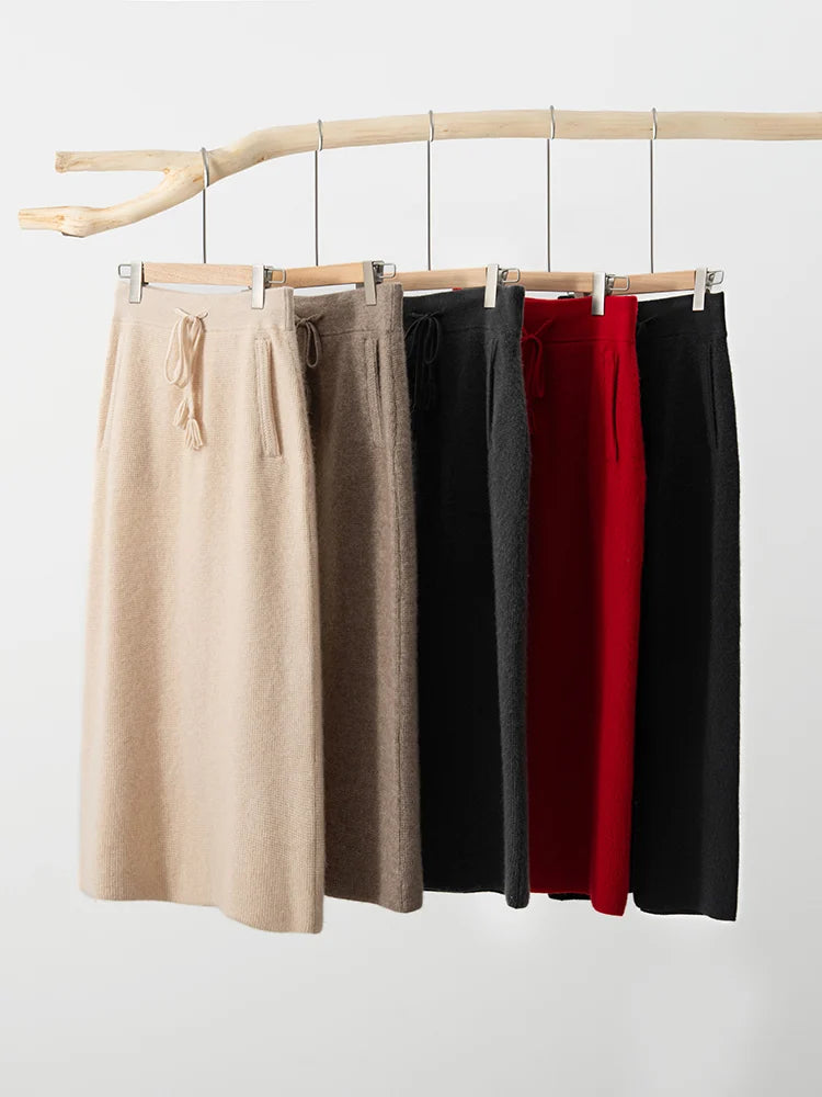 CHICUU Women's 100% Cashmere Knitted Skirt A-line Skirt Autumn Winter Thick Warm Office Lady Grace Style Cashmere Knitwear Skirt