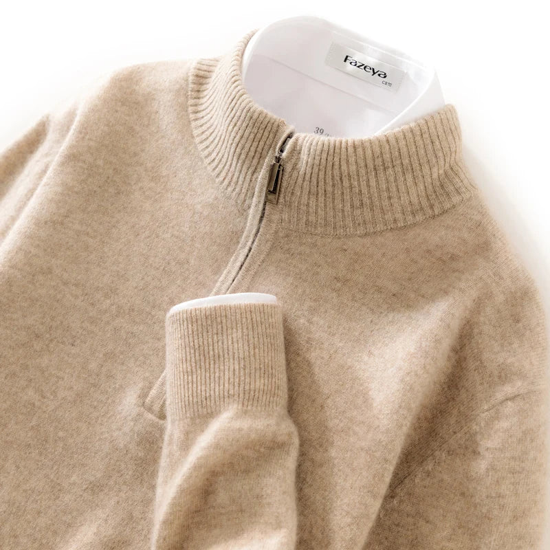 High-end 100% Cashmere Pullover for Men Mock Collar Thick Sweater Autumn Winter Knitted Jumper Warm Clothing Smart Casual Top