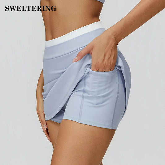 SWELTERING High Waist Pocket Skirt Fake Two Yoga Skirt Solid Color Sports Skirt Running Quick Drying Fitness Tennis Skirt