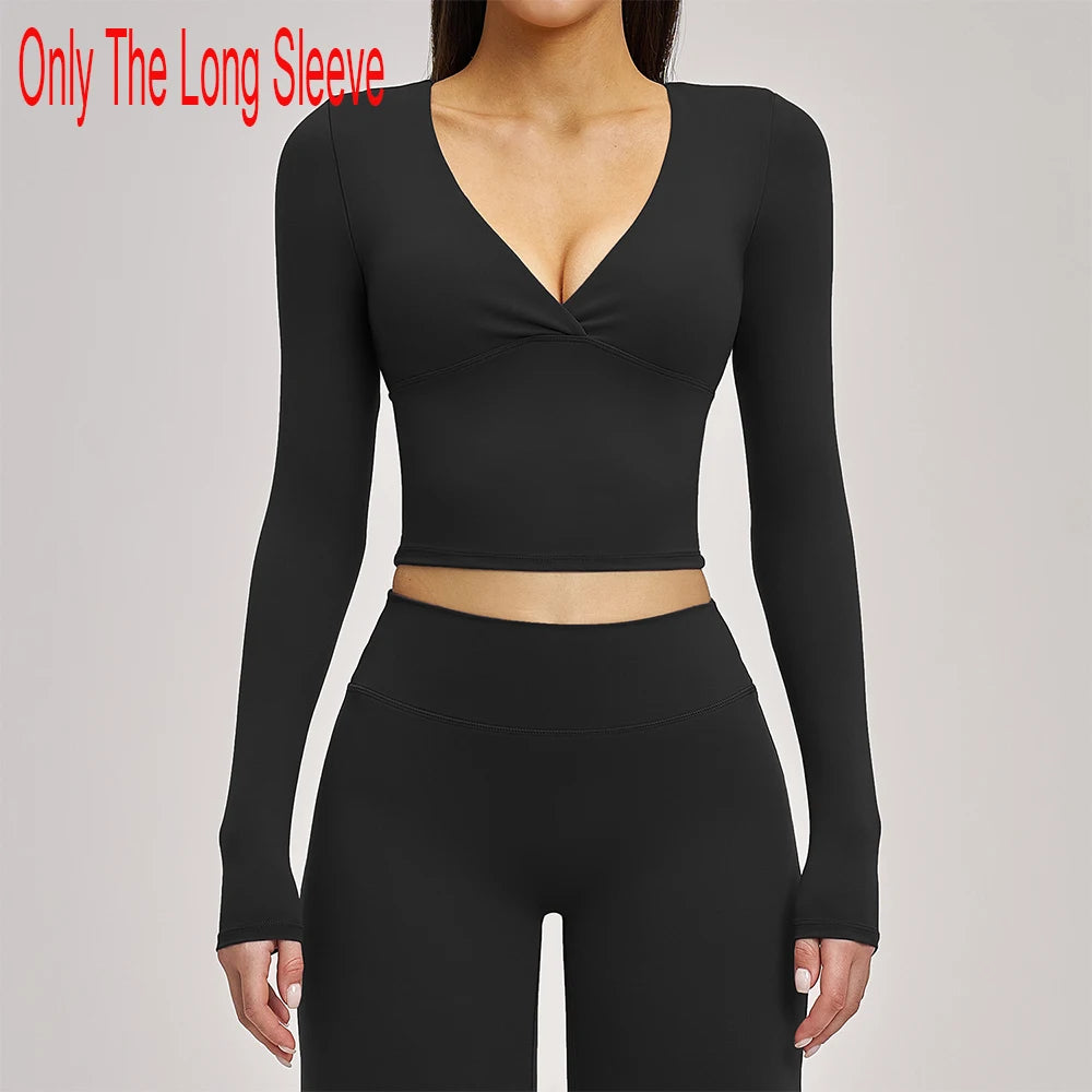 Deep-V Yoga Long Sleeve Solid Sports T-shirts Women's Gym Workout Shirts Sexy Quick Dry Fitness Long Sleeve Female Yoga Shirts