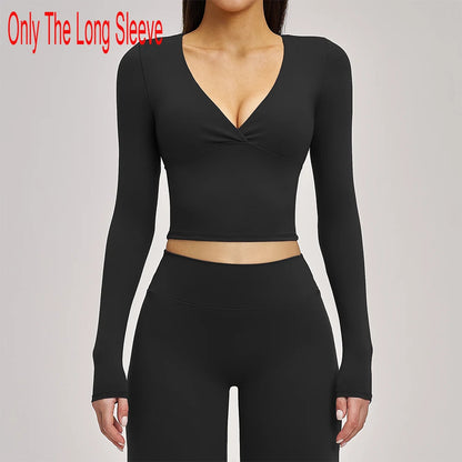 Deep-V Yoga Long Sleeve Solid Sports T-shirts Women's Gym Workout Shirts Sexy Quick Dry Fitness Long Sleeve Female Yoga Shirts