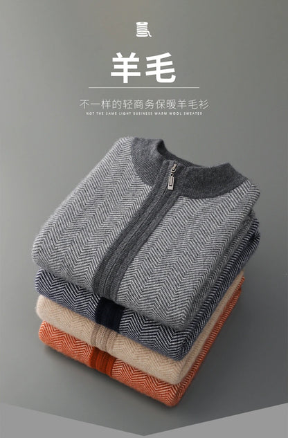 Autumn Winter 100% Merino Wool Knitted Zipper Cardigan Men's Half High Collar Herringbone Pattern Thick Coat Casual Warm Jacket