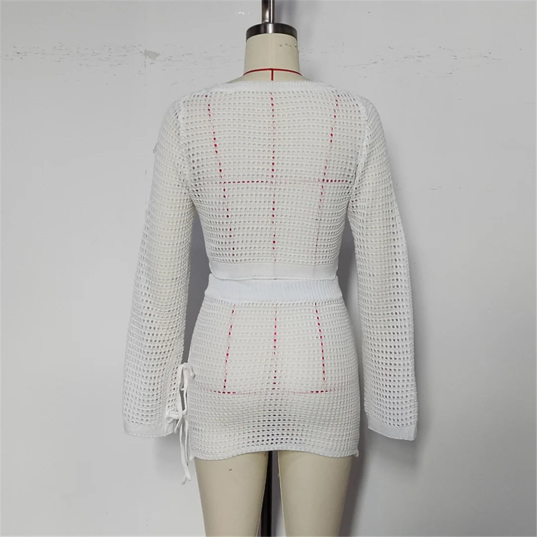V Neck Long Sleeve Crochet Knitted 2 Pieces Suits Beach Cover Up Cover-ups Beach Dress Beach Wear Beachwear Female Women V6490