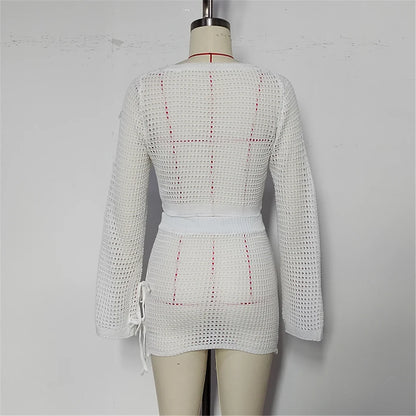 V Neck Long Sleeve Crochet Knitted 2 Pieces Suits Beach Cover Up Cover-ups Beach Dress Beach Wear Beachwear Female Women V6490
