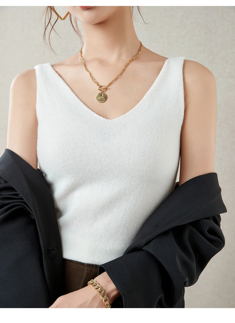 Women's Spring and Autumn 2026 New 100% Merino Wool V-Neck Pullover Knitted Suspender Casual Soft Inner Vest Women's Clothing