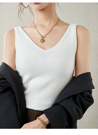 Women's Spring and Autumn 2026 New 100% Merino Wool V-Neck Pullover Knitted Suspender Casual Soft Inner Vest Women's Clothing