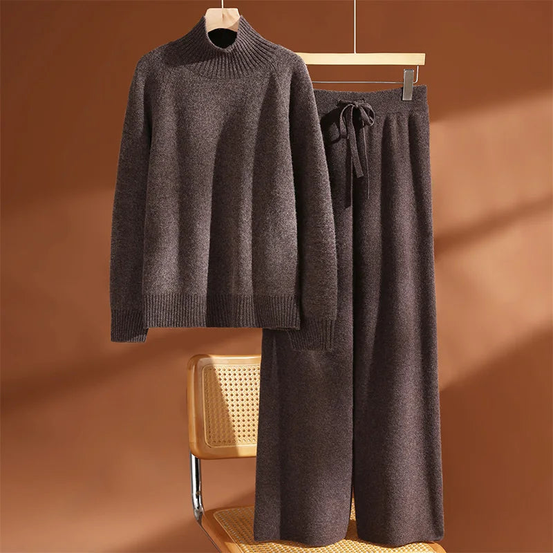 CHICUU Women's 100% Wool Sweater Pants Set Thick Mock Neck Pullover Wide Leg Pants Autumn Winter Warm Casual Wool Knitwear Suit
