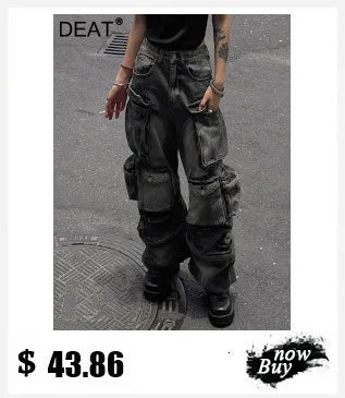DEAT Fashion Folds Design Sense Jeans Women's High Waist Loose Wide Leg Blue Denim Pants Summer New Tide 7AB9503