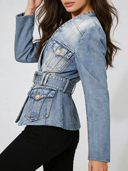 TWOTWINSTYLE Fashion Slimming Spliced Pockets Cowboy Jackets for Women V Neck Long Sleeve Tunic Patchwork Belt Jacket Female New
