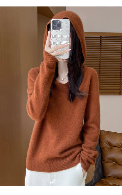 Women Autumn Winter Clothing Hooded Collar Pullover 100% Merino Wool Sweater New Fashion Cashmere Tops Bottoming Knitwear Soft