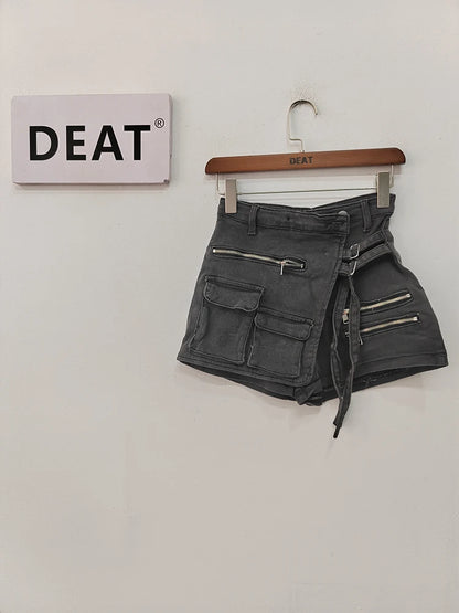 DEAT Fashion Women's Denim Shorts High Waist Zipper Lace Strap Pockets Fake 2 Pcs Green Shorts Skirts Summer 2024 New 17A6200