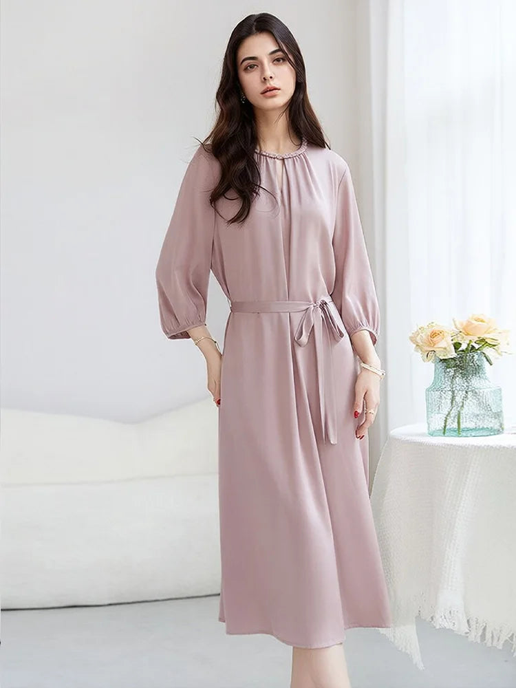 SuyaDream, Women Elegant Dresses, Real Silk, O Neck, 3/4 Sleeved, Black Mid Dress, 2026 Spring Summer Cloth