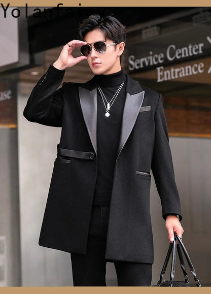 YOLANFAIRY 2025 Autumn Genuine Sheepskin Patchwork Wool Coat Man Clothing Men's Mid-length Suit Windbreaker Trendy Woolen Jacket