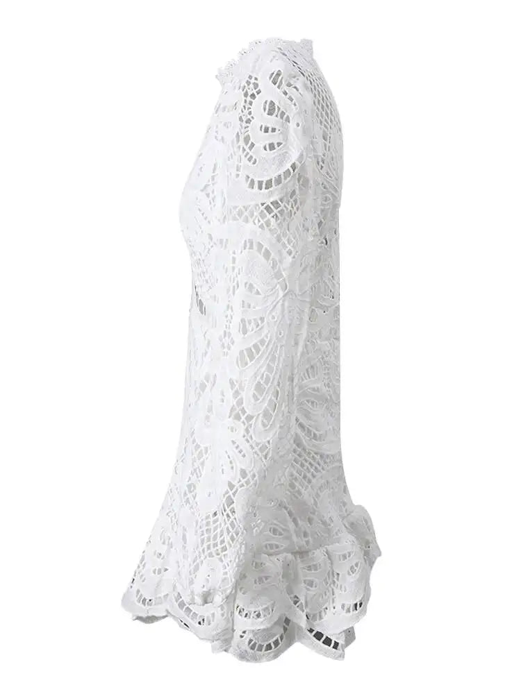 DEAT Fashion White Stand Collar Lantern Long Sleeve Water-soluble Lace Dress A-line Ruffle Hollow Party Mini Dresses Summer New