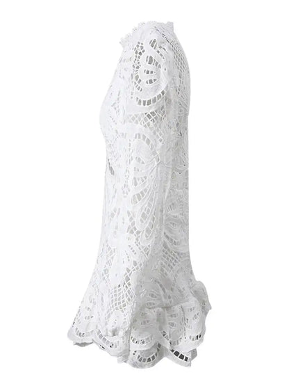DEAT Fashion White Stand Collar Lantern Long Sleeve Water-soluble Lace Dress A-line Ruffle Hollow Party Mini Dresses Summer New
