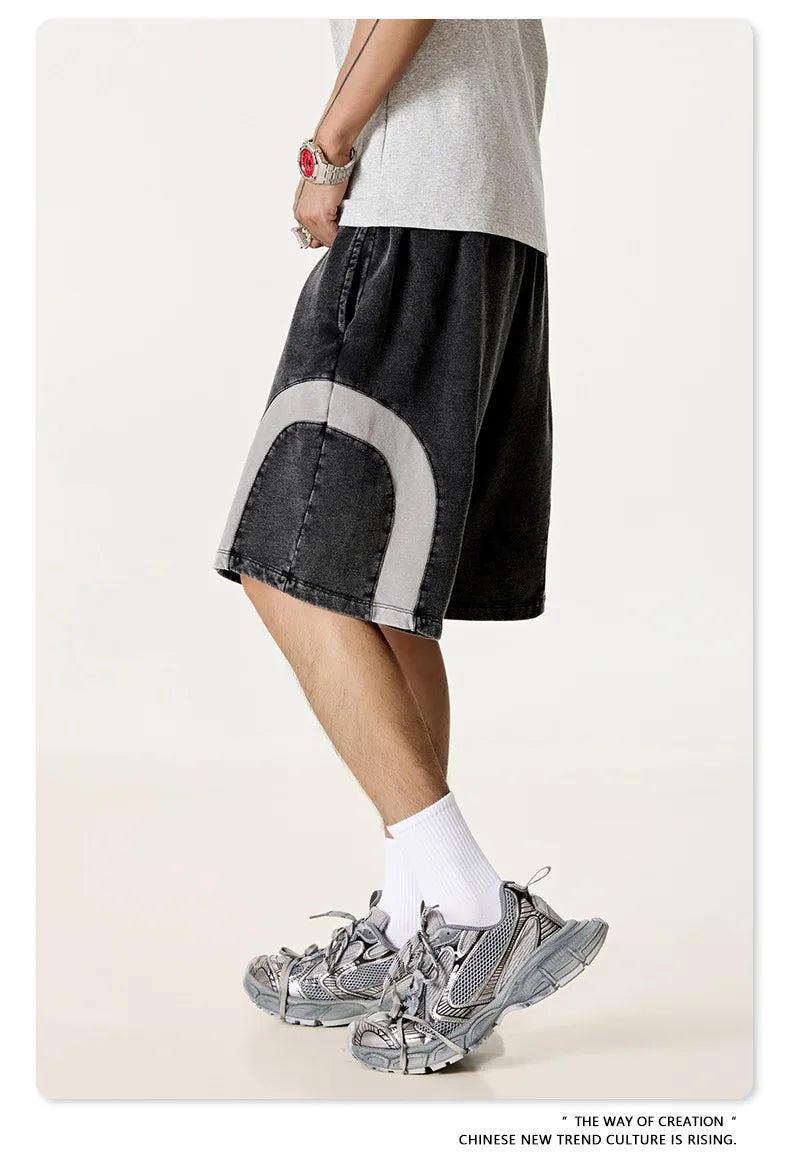 Customized LOGO men's summer European and American hip-hop style splicing contrasting shorts loose straight five-point pants
