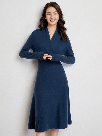 CHICUU Women 100% Cashmere Dresses V-neck Waist Cinching Dresses Autumn Winter Office Lady Grace Luxury Cashmere Knitwear
