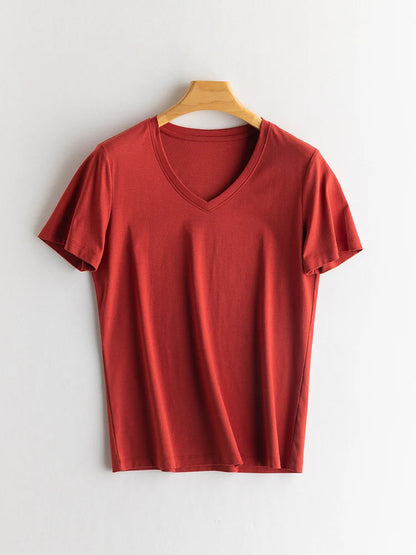 SuyaDream Women Solid T shirts, Silk Cotton Blend, O Neck, Short Sleeved Solid Tee,2025 Summer Candy Colors Basic Cozy Top Green