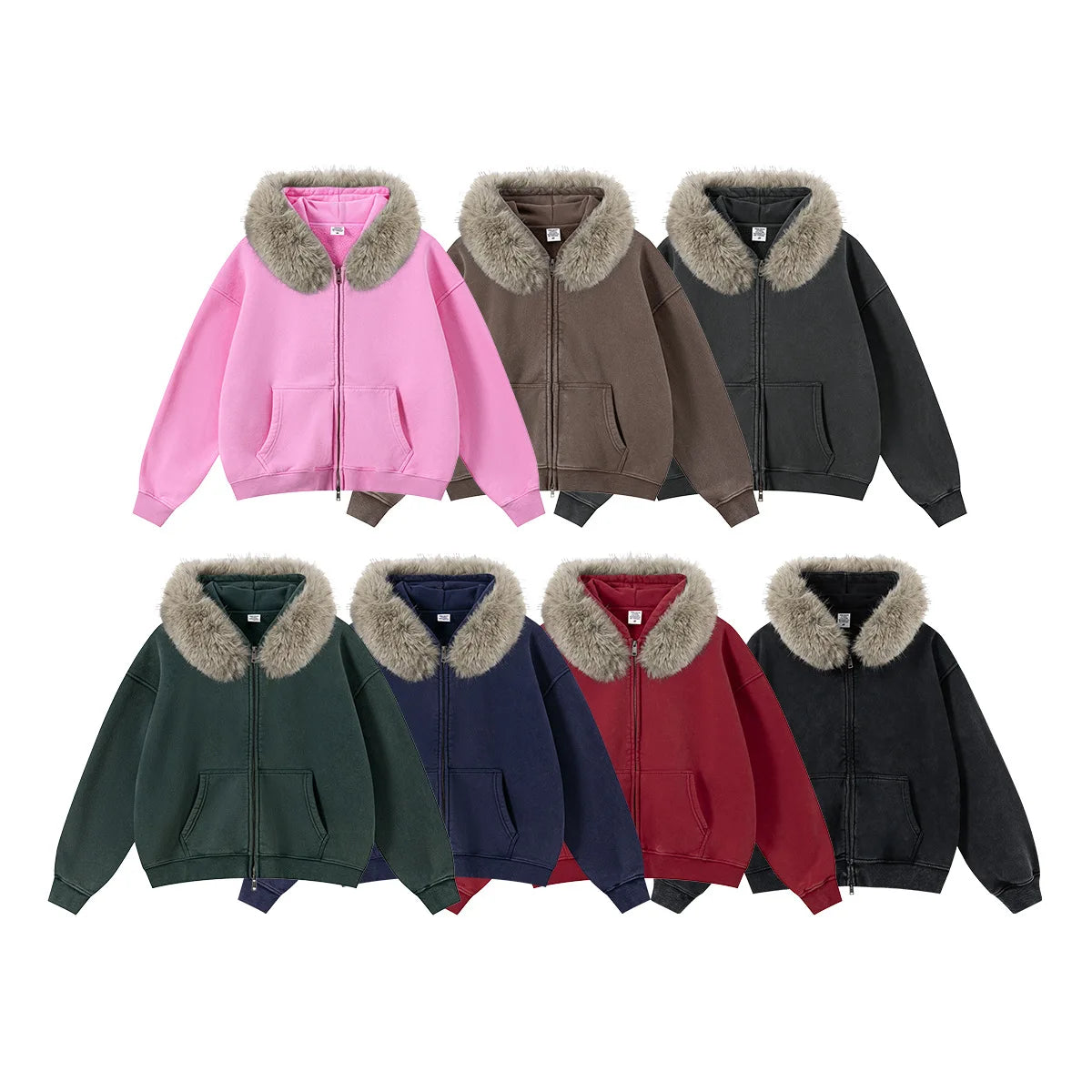 Custom LOGO Men's 400G Autumn Winter Retro Washed Boxy Fleece Collar Plush Thickened  Hooded  Zipper Jacket Couple style set