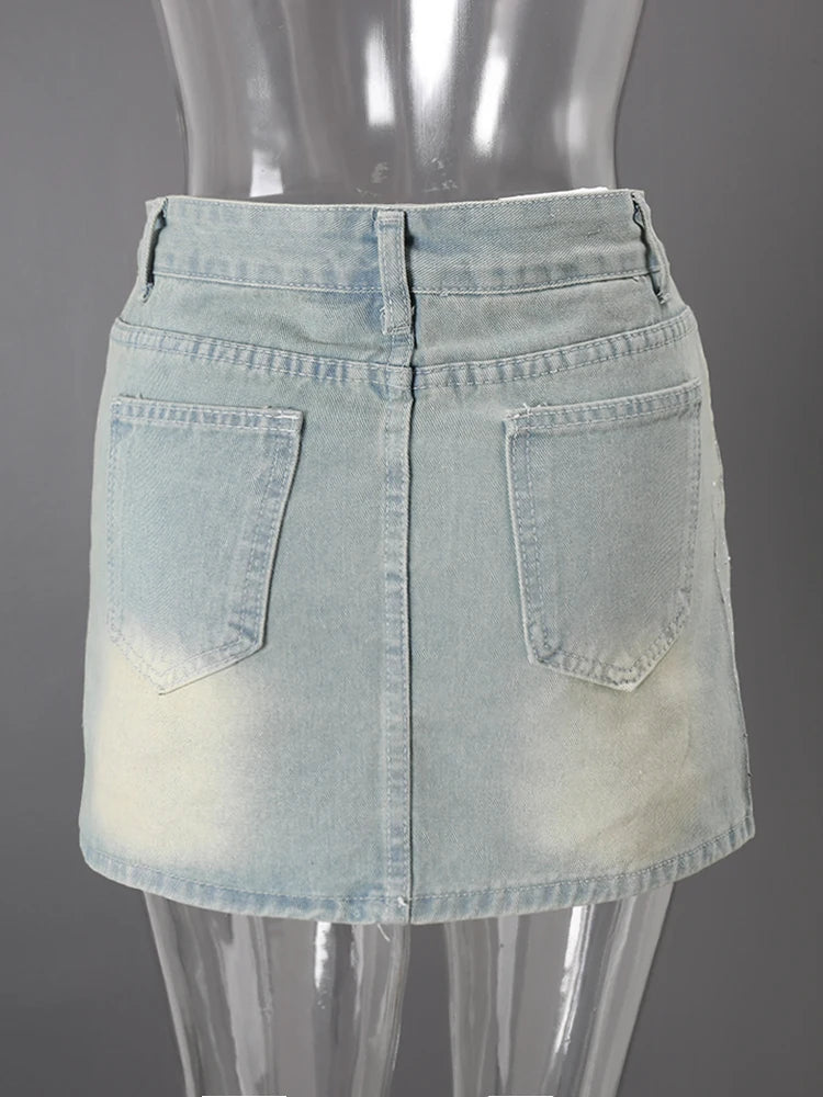 DEAT Fashion Star Rhinestone Denim Mini Skirt Women's High Waist Light Blue Gradient Wash Skirts Summer New