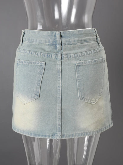 DEAT Fashion Star Rhinestone Denim Mini Skirt Women's High Waist Light Blue Gradient Wash Skirts Summer New