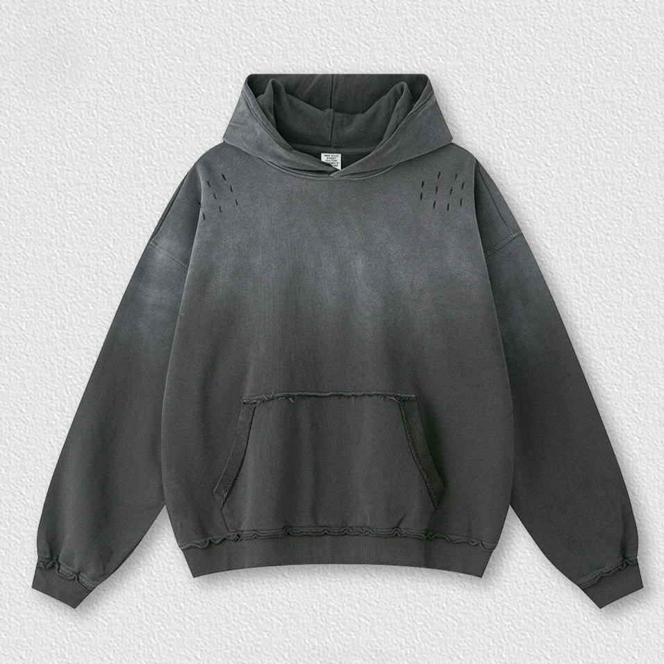 Custom LOGO men's 2025 autumn 370G heavy 100% cotton gradual change hole hooded sweater straight trousers set