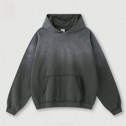 Custom LOGO men's 2025 autumn 370G heavy 100% cotton gradual change hole hooded sweater straight trousers set