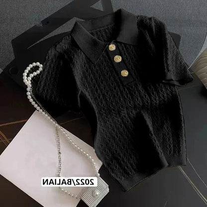 Ice Silk Polo Shirt Knitted Short Sleeve T-Shirt Summer Chic Thin Unique Jacquard Women Tops 2026 Korean Style Women’s Clothing