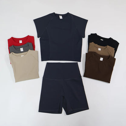Summer Women's Two-Piece Fitness Set Woman's Short-Sleeve Quick-Dry Yoga Wear for Outdoor Running Sports Female 2Pcs Suit