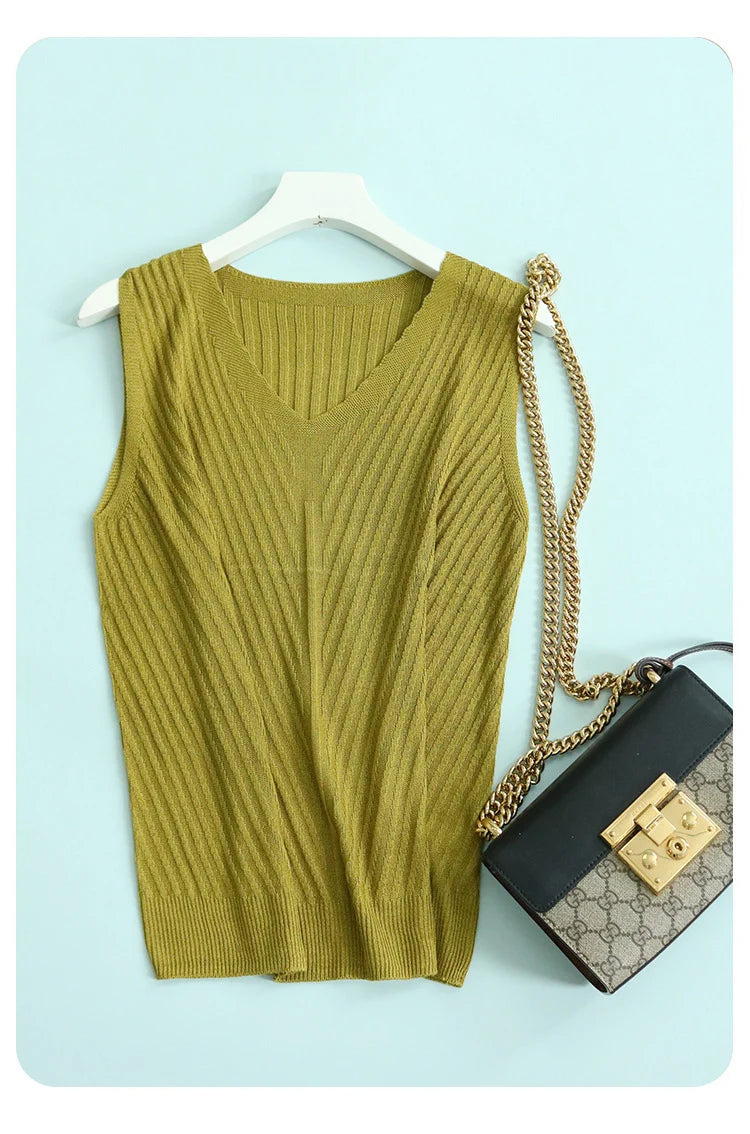 SuyaDream. Women Knitted Tanks, 45%Silk 55%Lyocell, V neck, Sleeveless Chic T Shirt, 2025 Solid Summer Vests